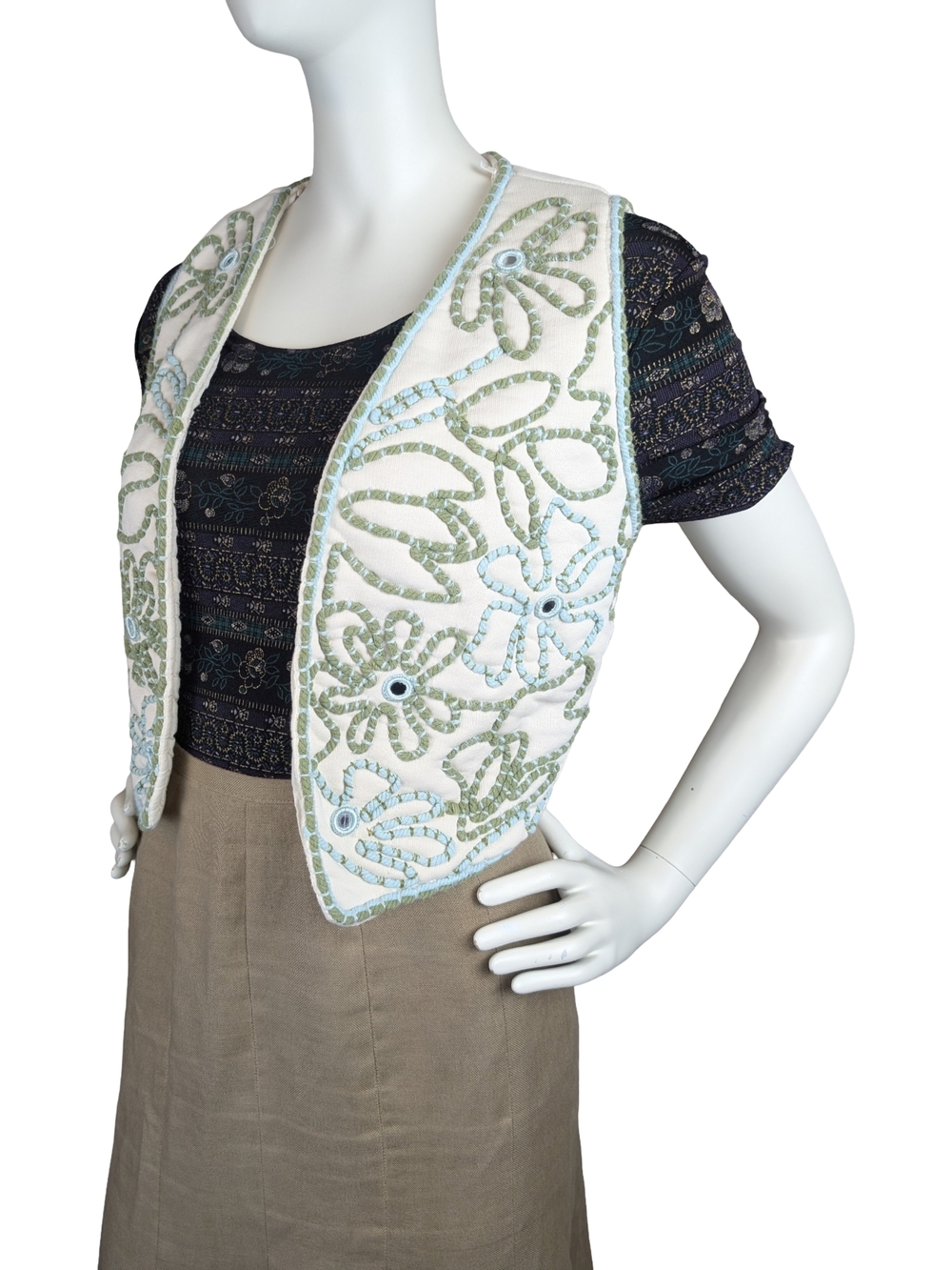Zara Embroidered Cotton Cropped Vest Size S Ecru Green Blue Boho Festival